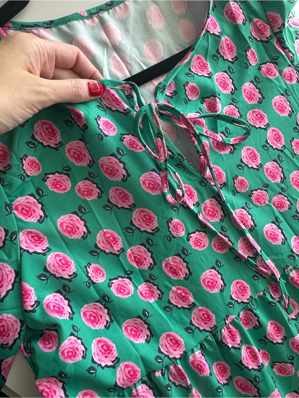 Green Floral Tie-Front Dress with Pink Roses